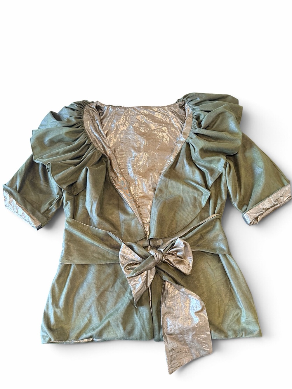 Olive Green Metallic Statement Jacket Medium Ruffle collar, ellbow length Sleeve